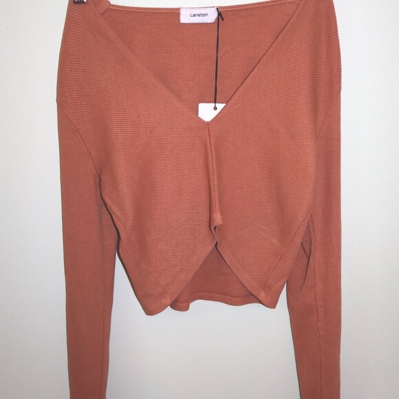 Lanston Ribbed Cropped Long-sleeve & Mini Skirt Set in Terracotta - Picture 3 of 5